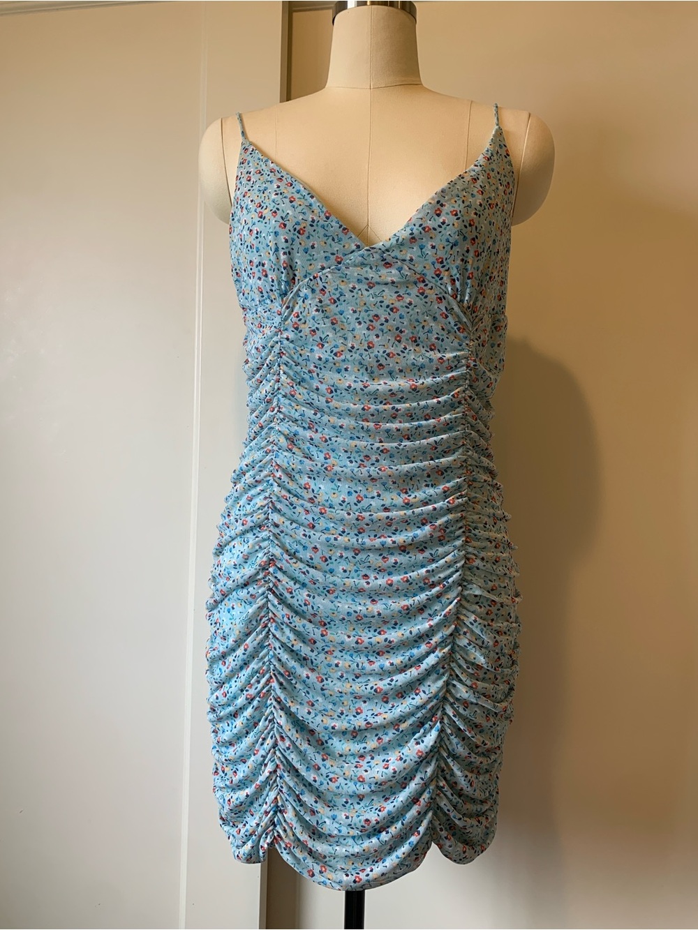 Urban Outfitters Light Blue Floral Ruched Slip Dress